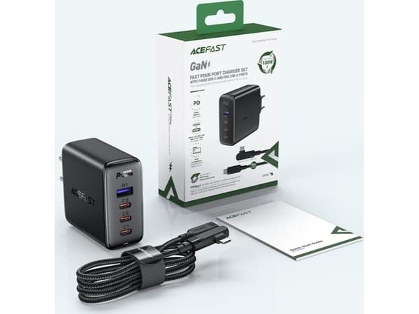 Acefast Acefast GaN 3xUSB-C/1xUSB-A 100W snabbladdare svart + USB-C - USB-C 100W vinkelkabel 2m svart