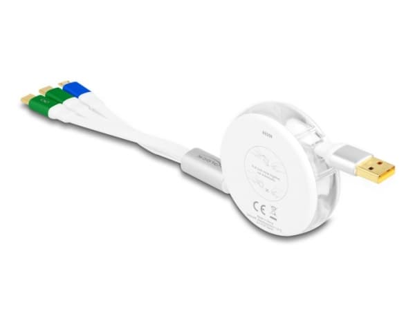 Delock USB 3 in 1 sisäänvedettävä latauskaapeli Type-A Micro USB / 2 x USB Type-C pikalataustoiminnolla valkoinen