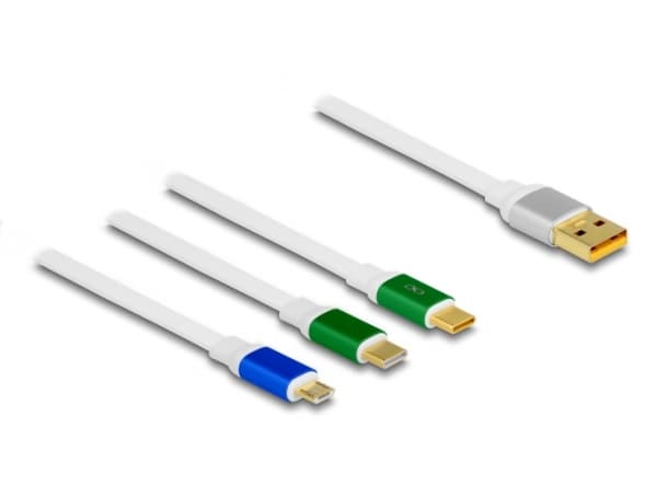 Delock USB 3 in 1 sisäänvedettävä latauskaapeli Type-A Micro USB / 2 x USB Type-C pikalataustoiminnolla valkoinen