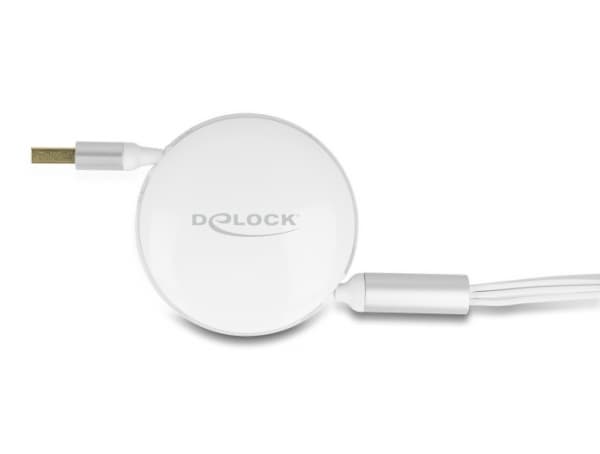 Delock USB 3 in 1 sisäänvedettävä latauskaapeli Type-A Micro USB / 2 x USB Type-C pikalataustoiminnolla valkoinen