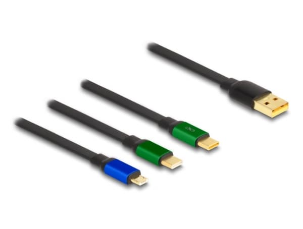 Delock - USB-kabel - USB (hane) till mikro-USB typ B, 24 pin USB-C (hane) - USB 2.0 - 10 V - 3 A - 1.13 m - indragbar, platt, up to 480 Mbps - svart