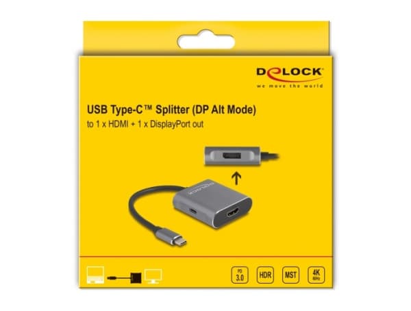 Delock - Video/audiosplitter - 1 x USB-C + 1 x DisplayPort + 1 x HDMI - skrivbordsmodell