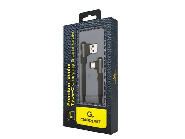 Cablexpert Premium jeans (denim) - USB-kabel - 24 pin USB-C (hane) vinklad (hane) vinklad - USB 2.0 - 2.1 A - 1 m - svart