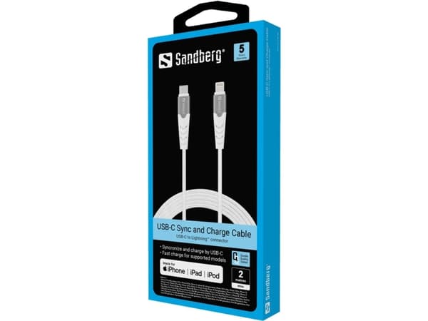 Sandberg - Lightning-kabel - 24 pin USB-C hann til Lightning hann - 2 m - MFI-sertifisert - hvit - USB Power Delivery