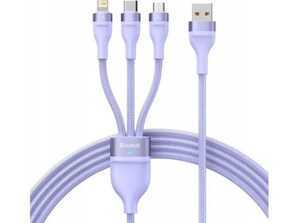 Baseus Flash Series Ⅱ 3-in-1 USB-A to USB-C / Micro-USB / Lightning 66W 480Mbps fast charging cable 1.2m purple