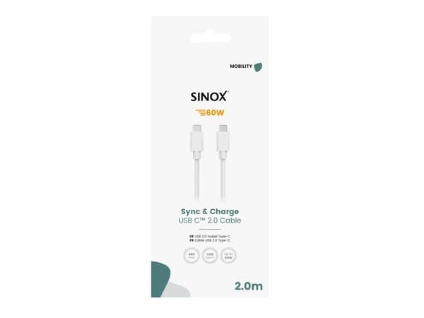 Sinox USB C kabel. 2m. Hvid