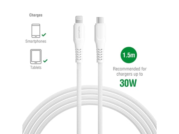 4smarts 465592, 1,5 m, USB C, Lightning, Hankjønn, Hankjønn, Sølv, Hvit