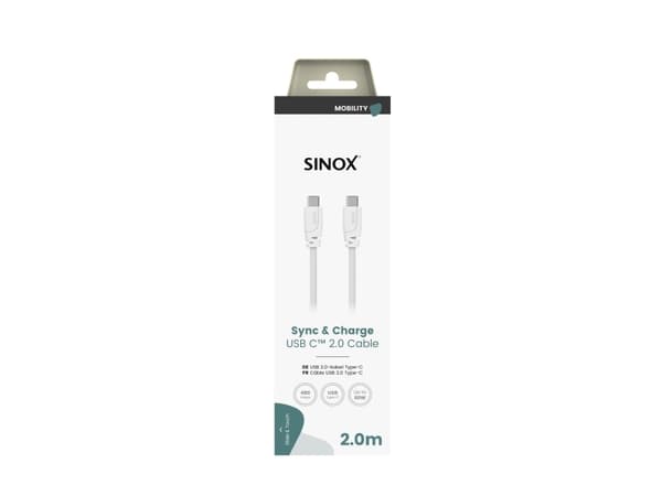 Sinox USB C 2.0 kabel. 2m. Hvid