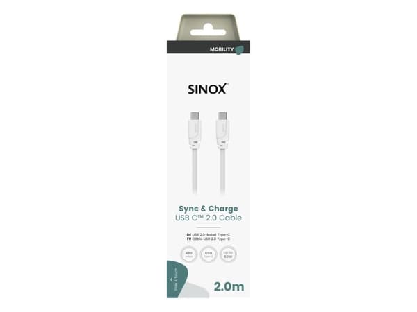 Sinox USB C 2.0 kabel. 2m. Hvid