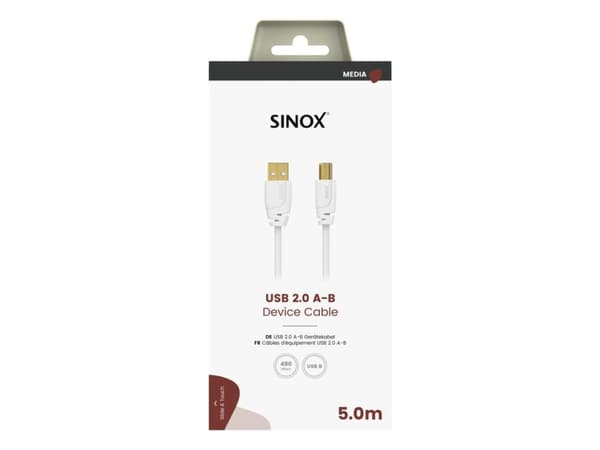 Sinox SOC04105, 5 m, USB A, USB B, USB 2.0, 0,48 Gbit/sek, hvit