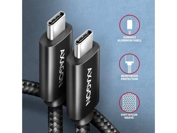 AXAGON BUCM2-CM10AB ladekabel, USB-C til USB-C 2.0, 1 m, PD 240 W 5 A, ALU - Sort (BUCM2-CM10AB)