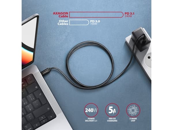 AXAGON BUCM2-CM10AB ladekabel, USB-C til USB-C 2.0, 1 m, PD 240 W 5 A, ALU - Sort (BUCM2-CM10AB)