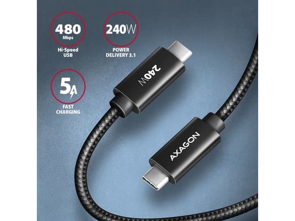 AXAGON BUCM2-CM10AB ladekabel, USB-C til USB-C 2.0, 1 m, PD 240 W 5 A, ALU - Sort (BUCM2-CM10AB)