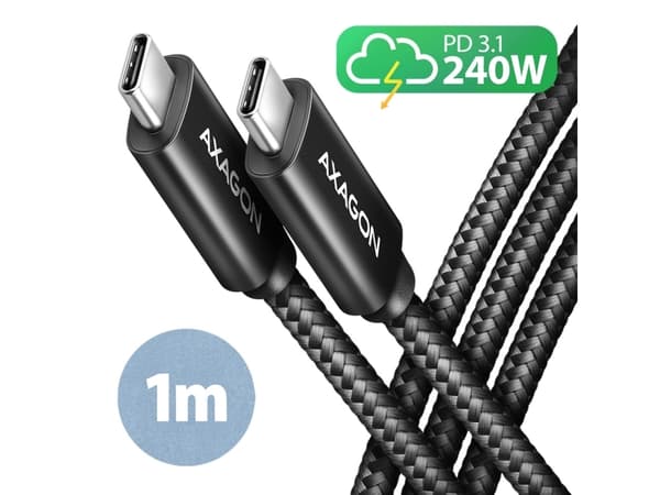 AXAGON BUCM2-CM10AB ladekabel, USB-C til USB-C 2.0, 1 m, PD 240 W 5 A, ALU - Sort (BUCM2-CM10AB)