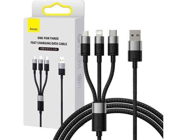 Kabel USB Baseus USB-A - USB-C + microUSB + Lightning 0.6 m Czarny (P10319900111-00)