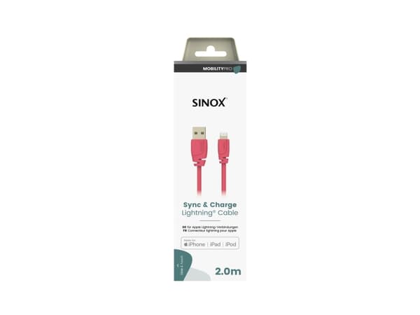 Sinox SXI02702MFI, 2 m, Lightning, USB A, Hankontakt, Hankontakt, Rosa