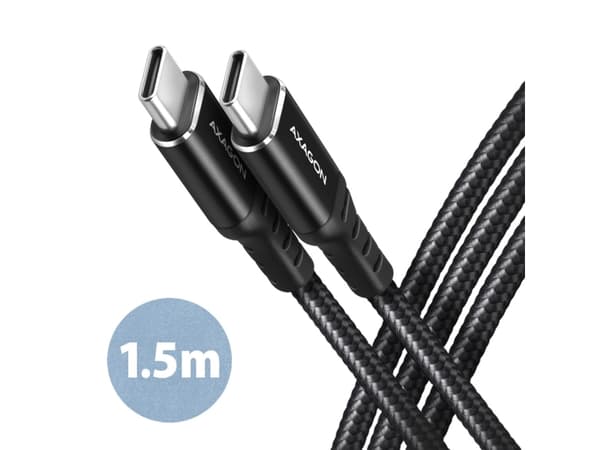 Axagon Data and charging USB 2.0 cable 1.5 m long. PD 60W, 3A. Black braided., 1,5 m, USB C, USB C, USB 2.0, 0,48 Gbit/s, Svart