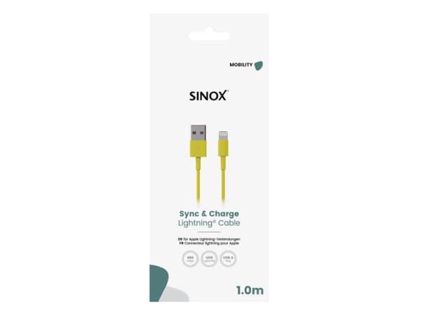 Sinox Lightning kabel. 1m. Gul