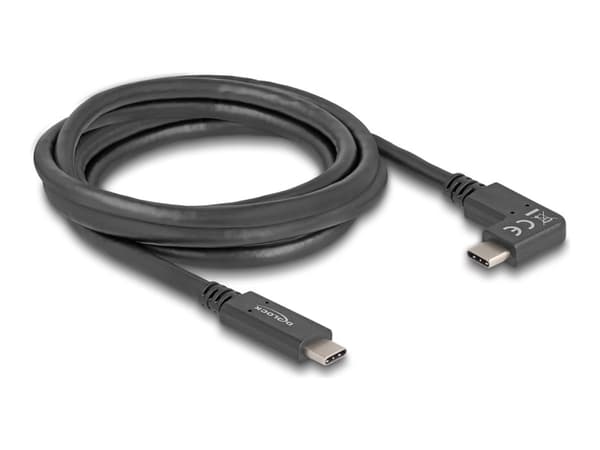 Delock - USB-kabel - 24 pin USB-C (hann) til 24 pin USB-C (hann) vinklet - 3 A - 2 m - USB Power Delivery (60W), 4 K 144 Hz (3840 x 2160) støtte, up