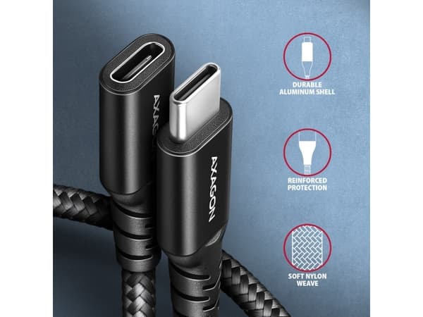 Axagon USB-kaapeli BUCM32-CF05AB Gen2 USB-C - USB-C-jatkojohto 0.5m, 5A, 20Gbps, PD 240W, punottu