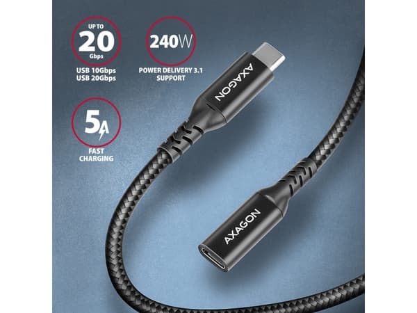 Axagon USB-kaapeli BUCM32-CF05AB Gen2 USB-C - USB-C-jatkojohto 0.5m, 5A, 20Gbps, PD 240W, punottu
