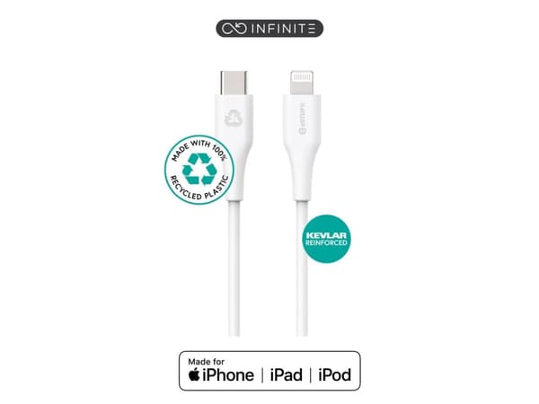 eSTUFF INFINITE - USB-kabel - 24 pin USB-C (hann) rett til Lightning (hann) rett - USB 2.0 - 5 V - 2.4 A - 2 m - 100 % resirkulert plast - hvit