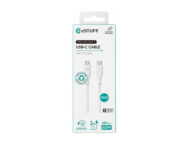 eSTUFF INFINITE - USB-kabel - 24 pin USB-C (hann) rett til 24 pin USB-C (hann) rett - USB 2.0 - 2 m - 100 % resirkulert plast, USB-C Power Delivery (