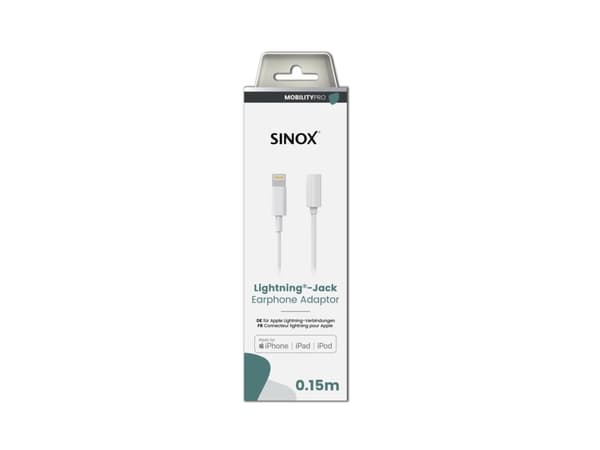Sinox PRO Lightning Jack adapter m/original Apple™ chip. 0,15m. Hvid
