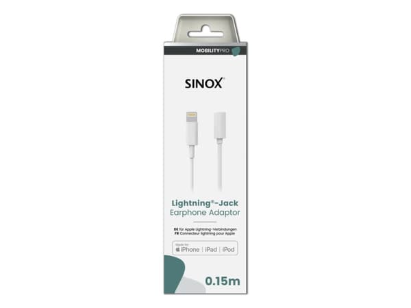Sinox PRO Lightning Jack adapter m/original Apple™ chip. 0,15m. Hvid