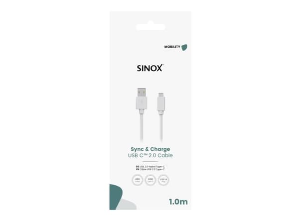 Sinox USB C til USB A kabel. 1m. Hvid