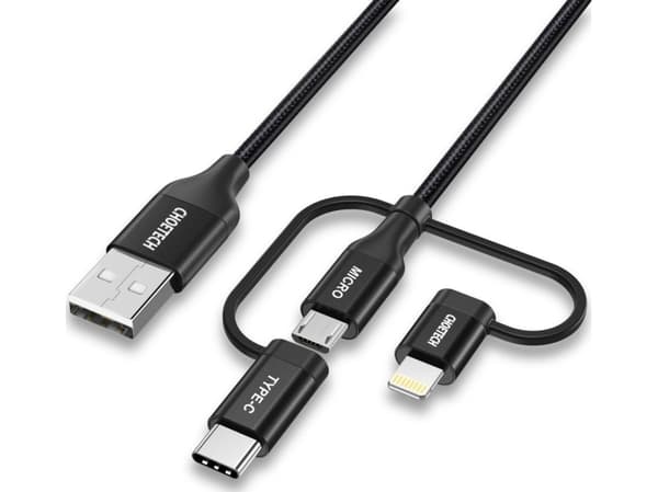 Choetech 3-i-1 MFI USB Lightning / USB typ C / micro USB-kabel (3A laddning / 480 Mbps dataöverföring) 1,2 m svart (IP0030-BK)