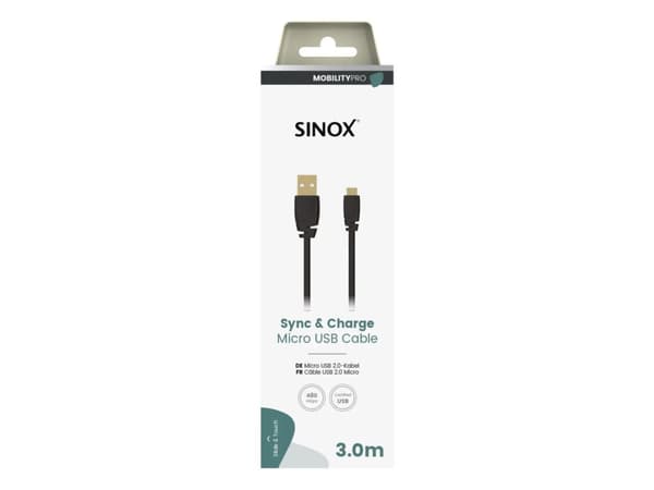 Sinox Micro USB kabel. 3m. Sort