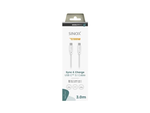 Sinox PRO USB C kabel. 3m. Hvid