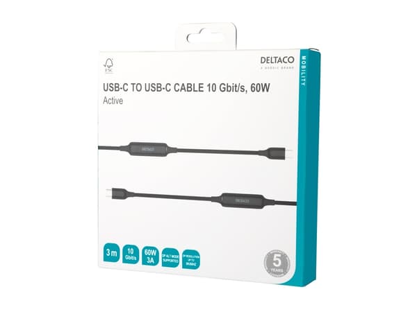 DELTACO - USB-kabel - 24 pin USB-C (hann) til 24 pin USB-C (hann) - USB 3.1 Gen 1 - 20 V - 3 A - 3 m - aktiv, up to 10 Gbps data transfer rate, 8 K 6