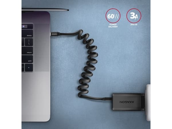 Axagon Data and charging USB 2.0 cable 1.1 m long. PD 60W, 3A. Black twisted., 1,1 m, USB C, USB C, USB 2.0, 0,48 Gbit/s, Svart