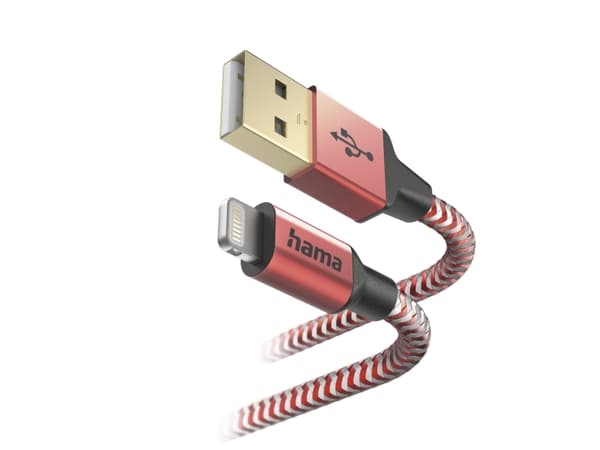Hama Reflex, 1,5 m, Blixtlås, USB A, Hanstik, Hanstik, Röd