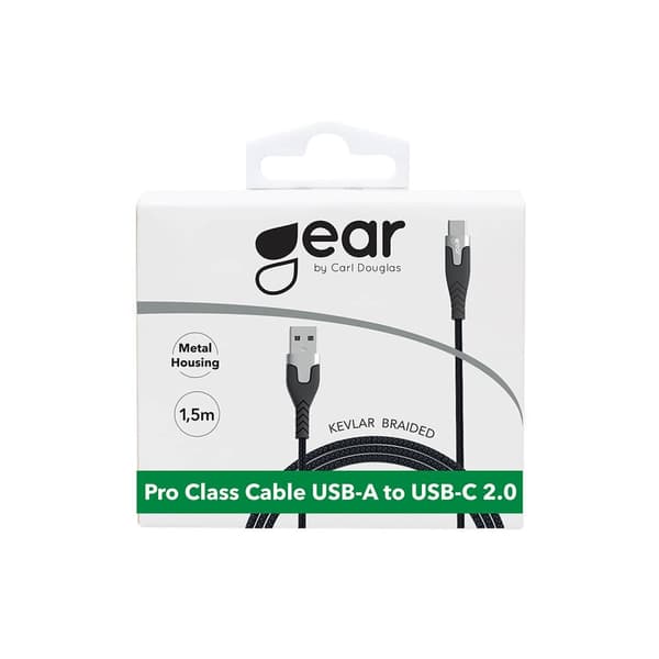 Gear Laddkabel PRO USB-A till USB-C 2.0 1.5m Svart Kevlarkabel med Metallkopplingar