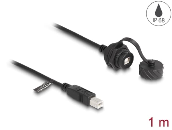 Delock-kaapeli USB 2.0 type-B uros USB 2.0 type-B naaras USB 2.0 type-B asennukseen bajonettilukituksella IP68 pölyn- ja vedenkestävyyskorkki