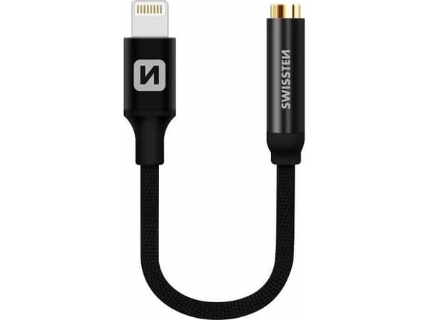 Swissten Lightning/Jack tekstiladapter 0,15m Sort