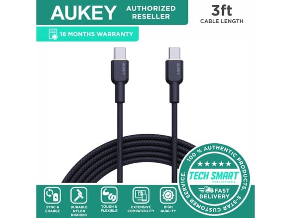 AUKEY CB-NCC1 USB-C Type-C Power Delivery PD 60W 3A 1m Nylon Black, USB C, USB C, USB 3.2 Gen 1 (3.1 Gen 1), Sort