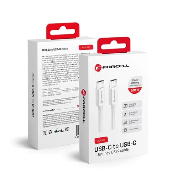 Forcell USB-C till USB-C kabel 3m 100W - Vit