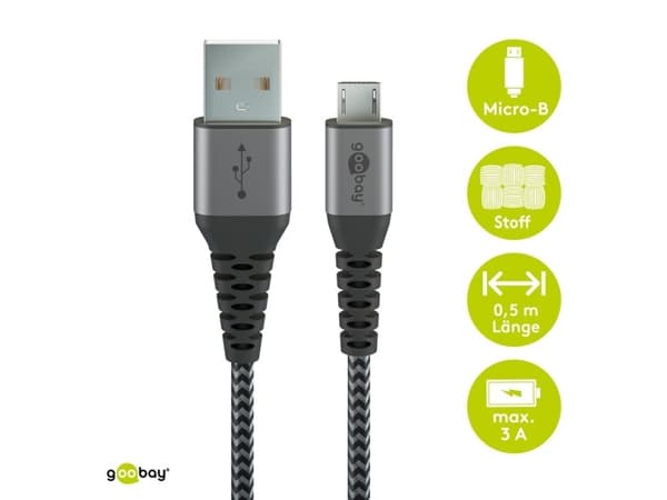 Wentronic 49283, 2 m, Micro-USB B, USB A, USB 2.0, 0,48 Gbit/s, Svart, Grå
