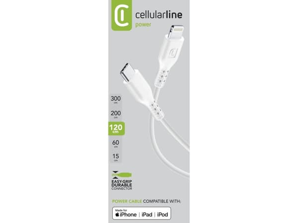 Cellularline USBDATAC2LMFI1MW, 1,2 m, Lightning, USB C, Uros, Uros, Valkoinen