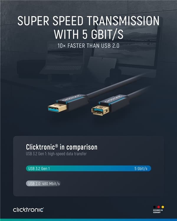 ClickTronic Förlängningskabel USB-A Premiumkabel | USB A hane  USB A hona | 3,0 m | 5 Gbit/s