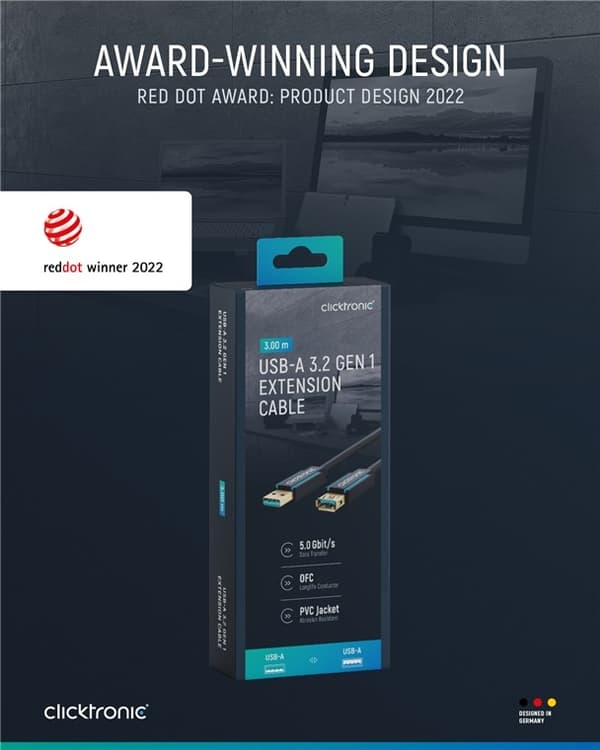 ClickTronic Förlängningskabel USB-A Premiumkabel | USB A hane  USB A hona | 3,0 m | 5 Gbit/s