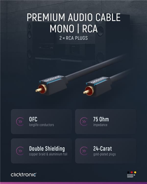 ClickTronic RCA-kabel, mono Premiumkabel | 1x cinch plug  1x cinch plug | 2,0 m | OFC innerledare