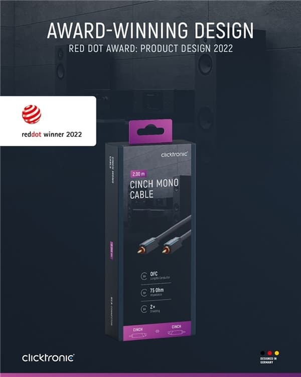 ClickTronic RCA-kabel, mono Premiumkabel | 1x cinch plug  1x cinch plug | 2,0 m | OFC innerledare
