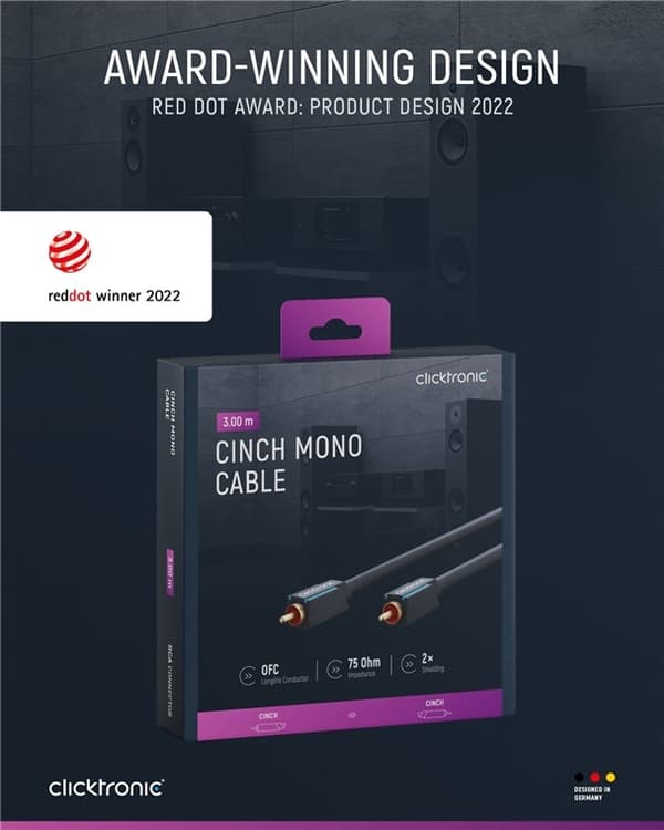 ClickTronic RCA-kabel, mono Premiumkabel | 1x cinch plug  1x cinch plug | 3,0 m | OFC innerledare