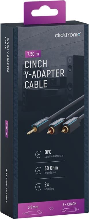 ClickTronic 3,5 mm AUX til RCA-adapterkabel, premium stereokabel, 1x 3,5 mm jackplugg, 2x cinchplugg, 7,5 m, OFC innerleder