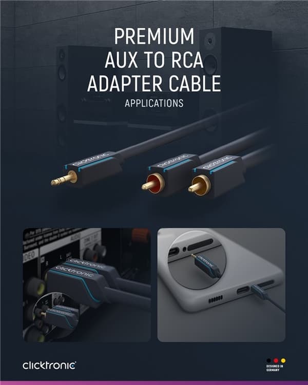 ClickTronic 3,5 mm AUX til RCA-adapterkabel, premium stereokabel, 1x 3,5 mm jackplugg, 2x cinchplugg, 7,5 m, OFC innerleder